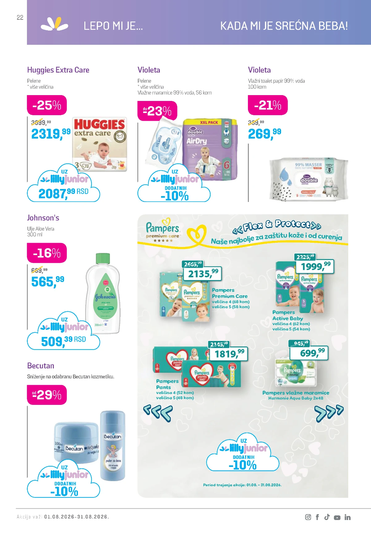 Lilly katalog avgust 2026 – Huggies, Pampers, Violeta, Becutan i Johnson's proizvodi za bebe.