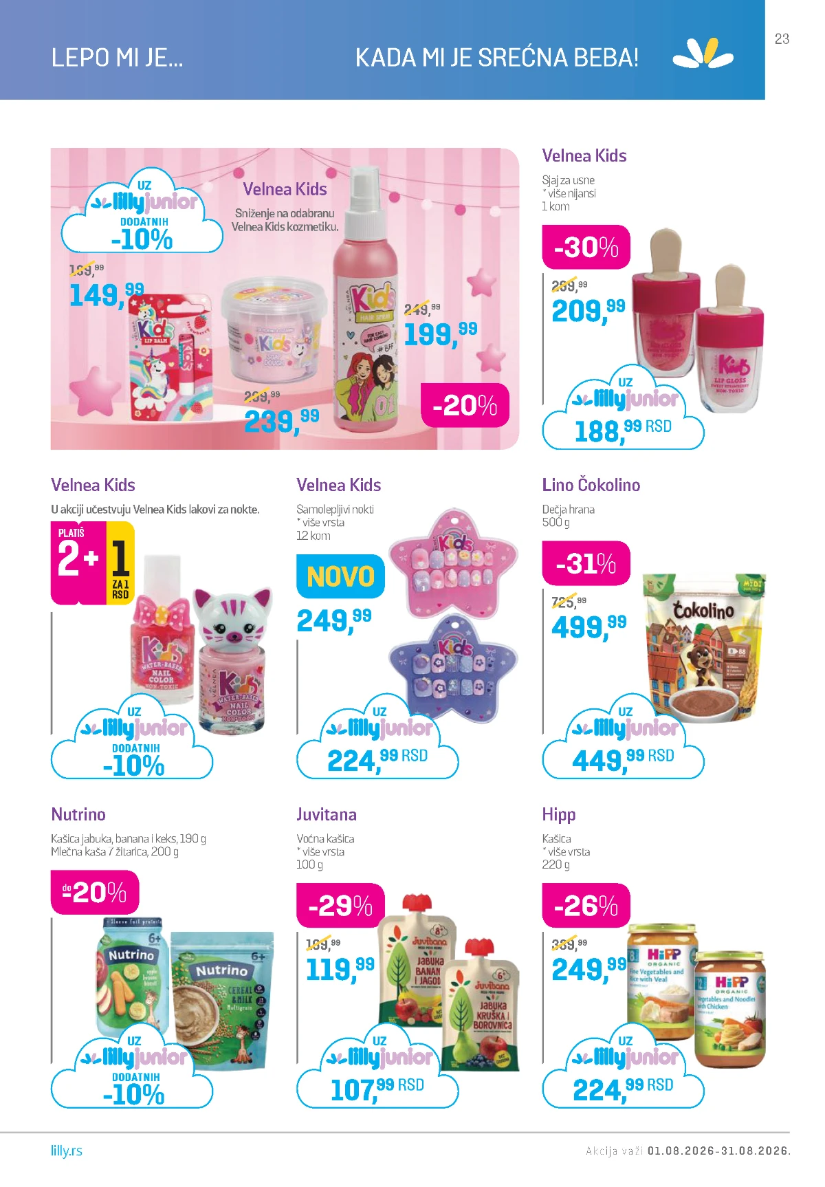 Lilly katalog avgust 2026 – Velnea Kids kozmetika, dečja hrana, kašice i proizvodi za mališane.