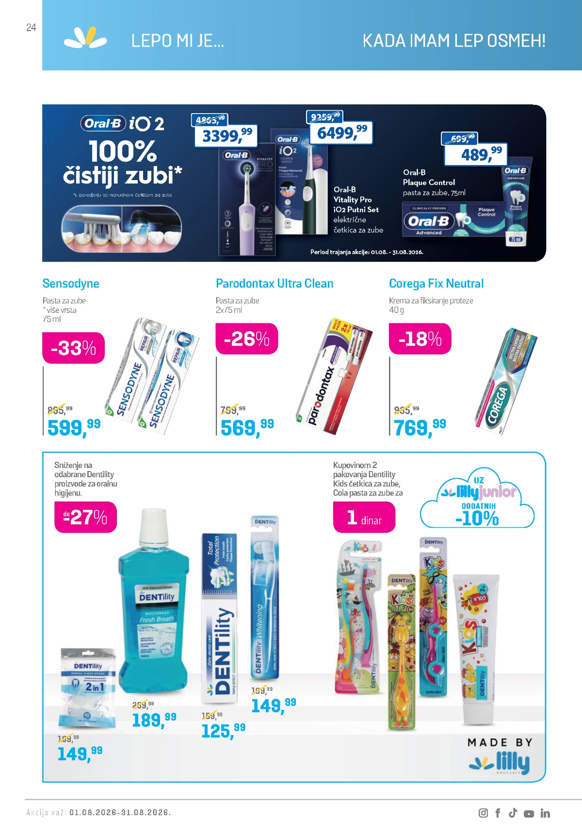 Lilly katalog avgust 2026 – Oral-B, Sensodyne, Parodontax, Corega i Dentility proizvodi za oralnu higijenu.