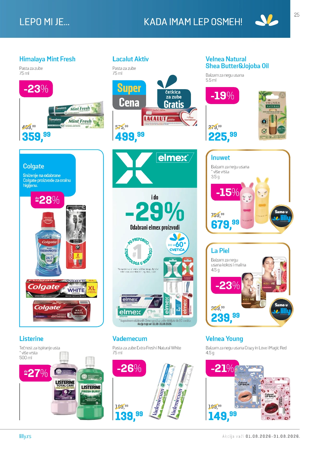 Lilly katalog avgust 2026 – Colgate, Elmex, Listerine, Vademecum i balzami za negu usana.