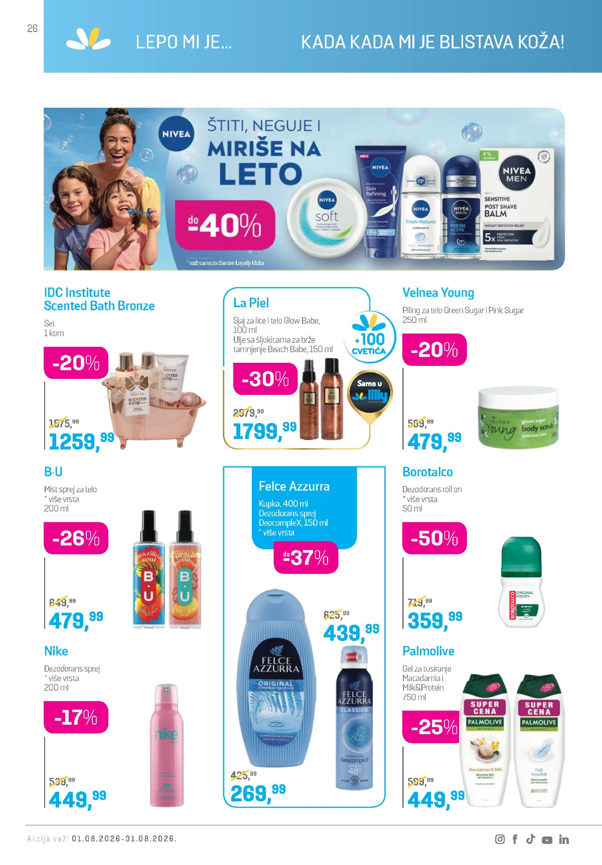 Lilly katalog avgust 2026 – Nivea, Palmolive, Borotalco, Felce Azzurra i proizvodi za negu tela.