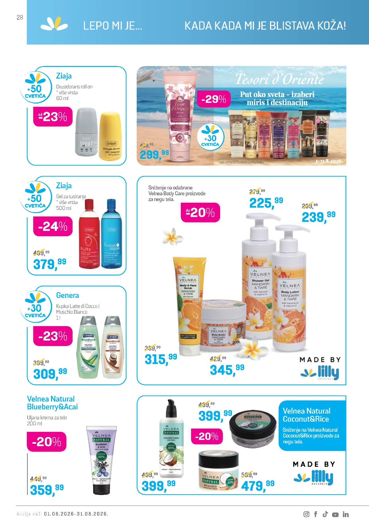 Lilly katalog avgust 2026 – Ziaja, Tesori d'Oriente, Velnea Natural i proizvodi za negu tela.