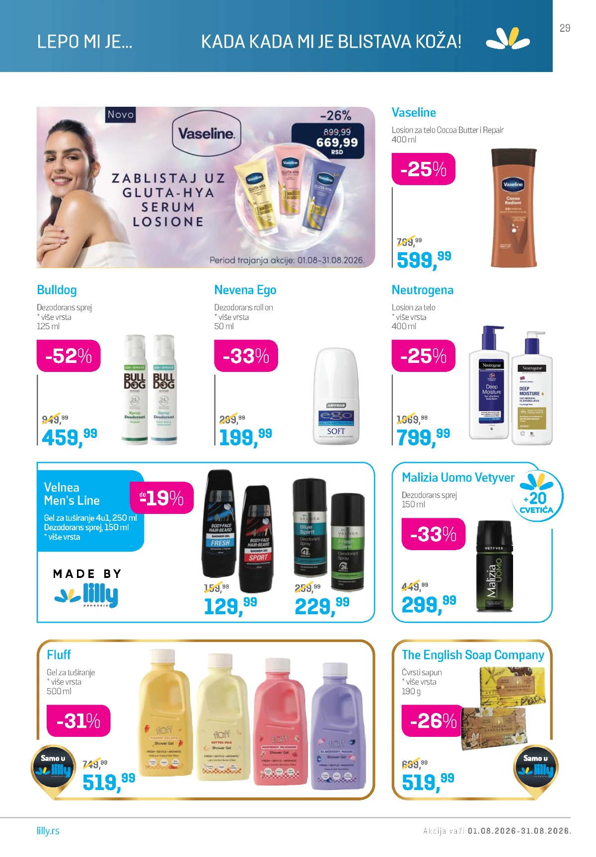 Lilly katalog avgust 2026 – Vaseline, Neutrogena, Bulldog, Velnea Men's Line i proizvodi za muškarce.