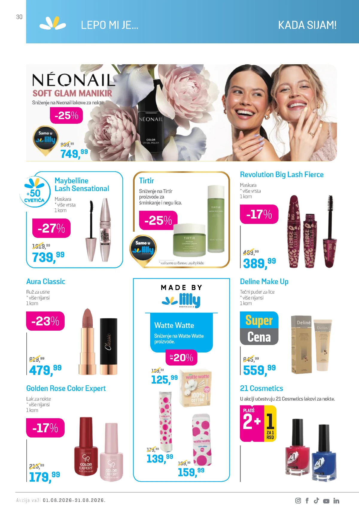 Lilly katalog avgust 2026 – Maybelline, Revolution, Golden Rose, Aura i proizvodi za šminkanje.