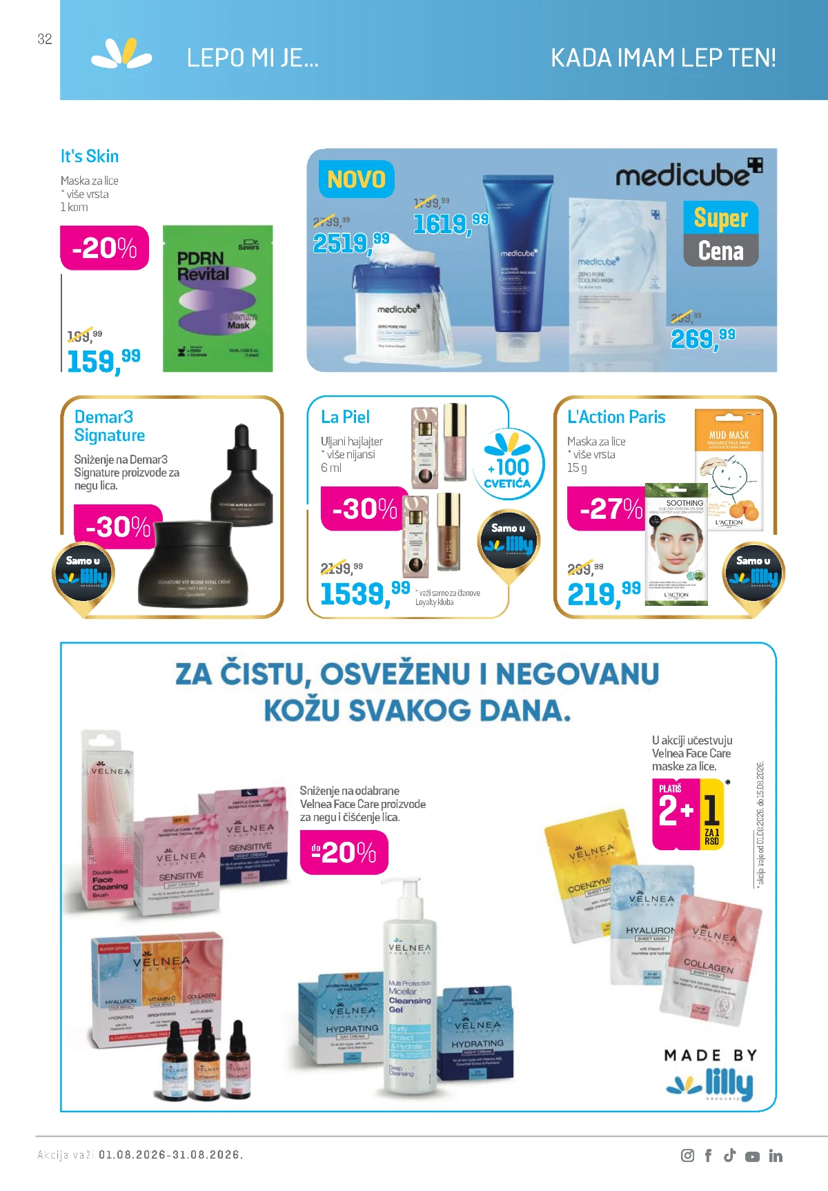 Lilly katalog avgust 2026 – Medicube, It's Skin, Demar3, La Piel i Velnea proizvodi za negu lica.