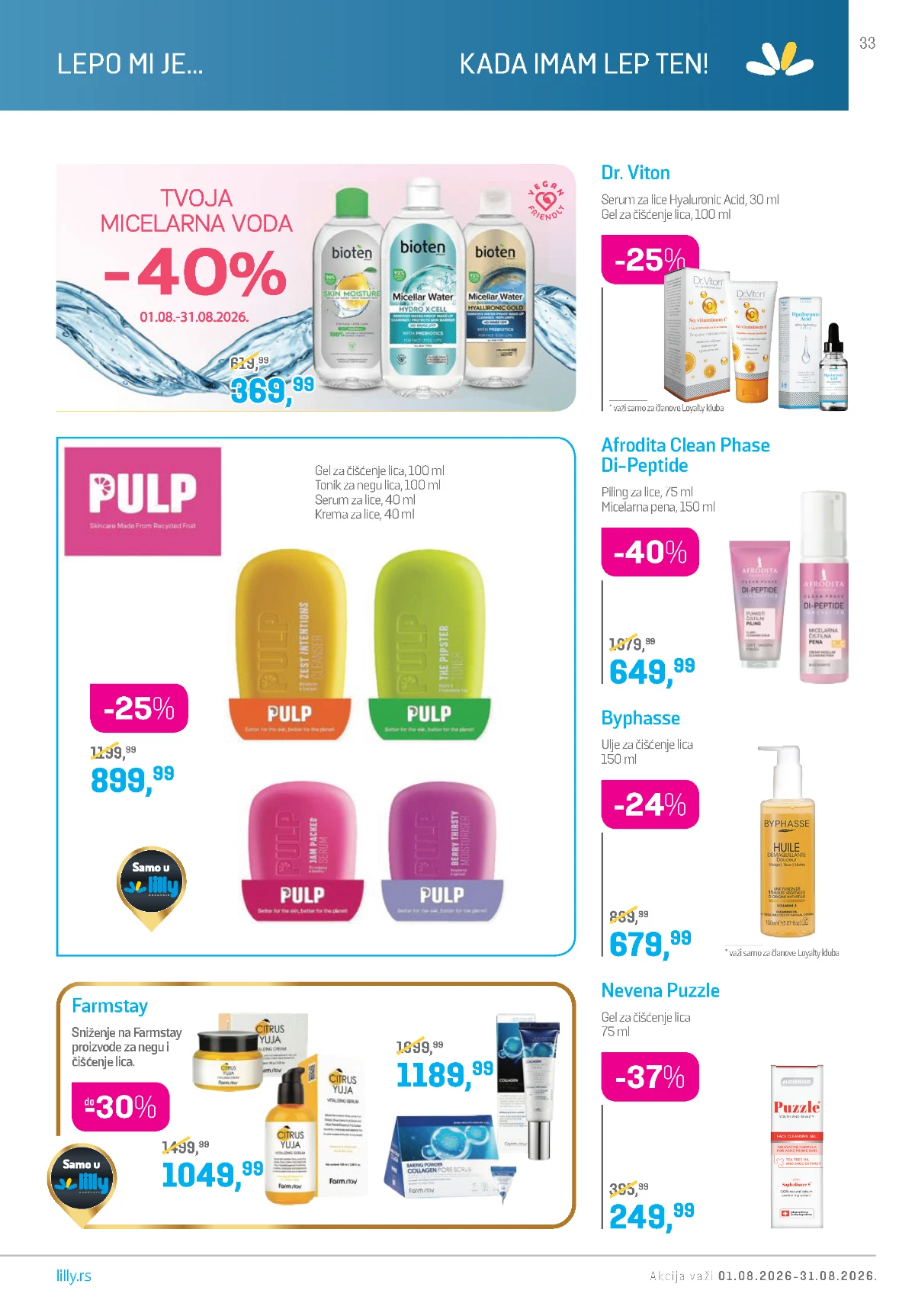 Lilly katalog avgust 2026 – Bioten, Pulp, Afrodita, Farmstay i proizvodi za čišćenje i negu lica.