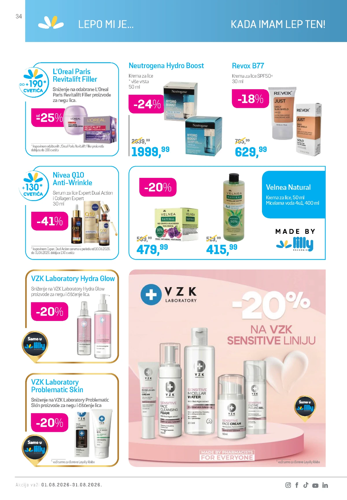 Lilly katalog avgust 2026 – L'Oréal Revitalift, Nivea Q10, Neutrogena, Revox i VZK proizvodi za lice.