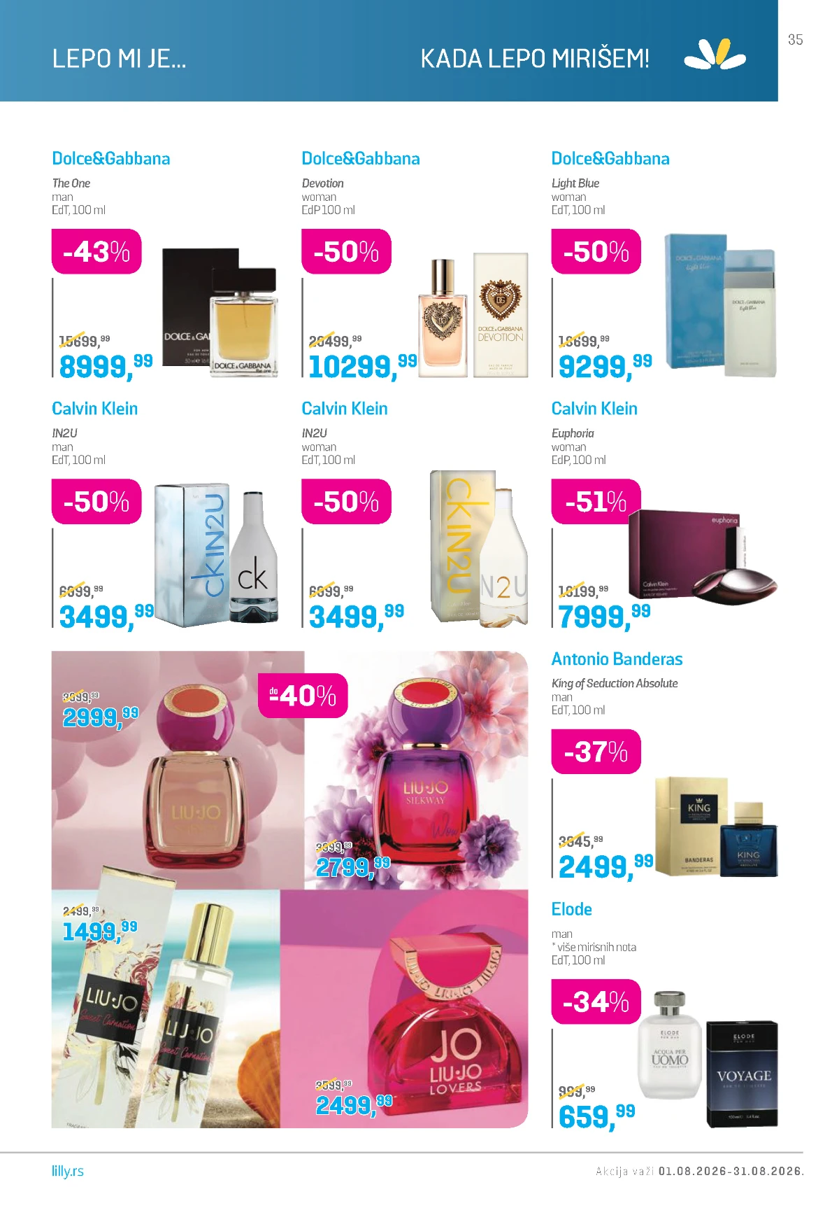 Lilly katalog avgust 2026 – Dolce & Gabbana, Calvin Klein, Liu Jo, Antonio Banderas i drugi parfemi do 51% jeftinije.