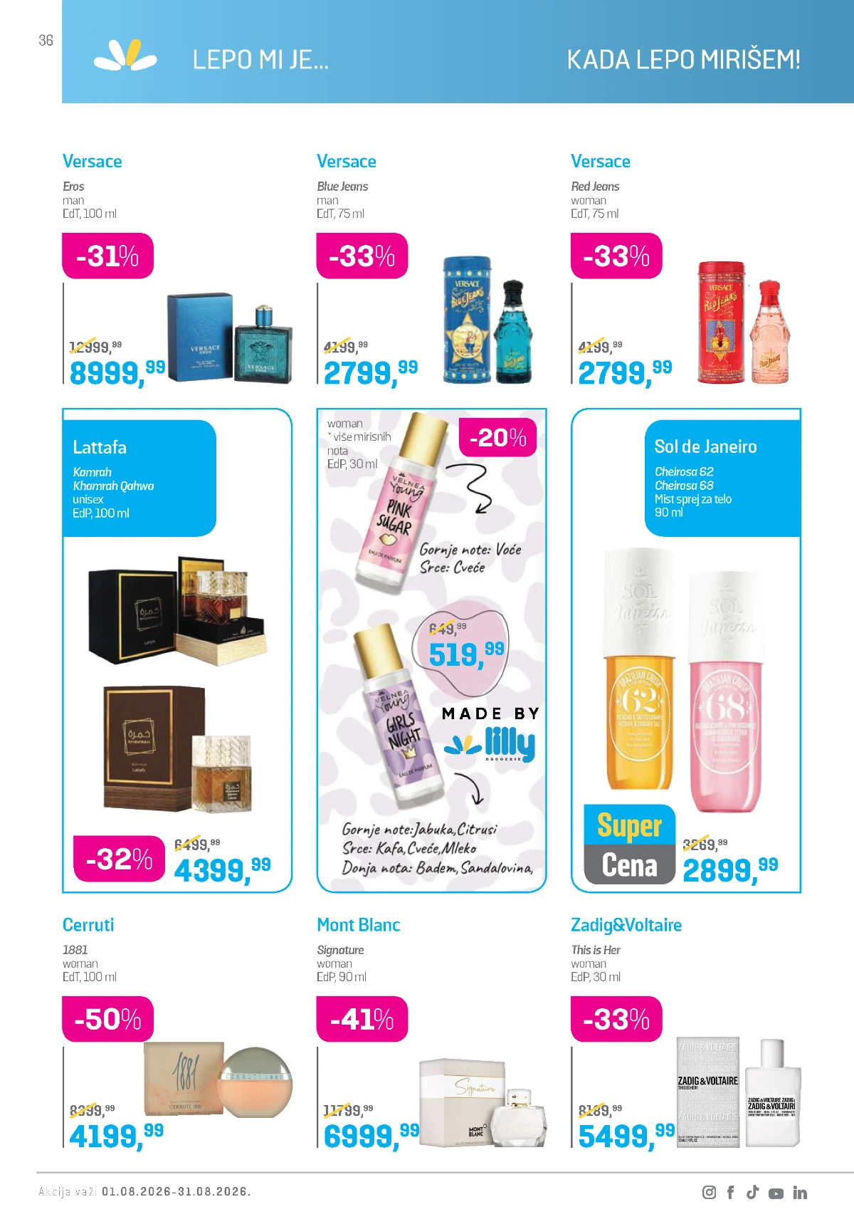 Lilly katalog avgust 2026 – Versace, Lattafa, Sol de Janeiro, Cerruti i Montblanc parfemi.