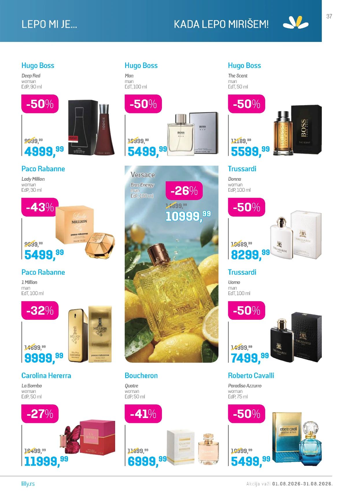 Lilly katalog avgust 2026 – Hugo Boss, Paco Rabanne, Trussardi, Carolina Herrera i Roberto Cavalli parfemi.