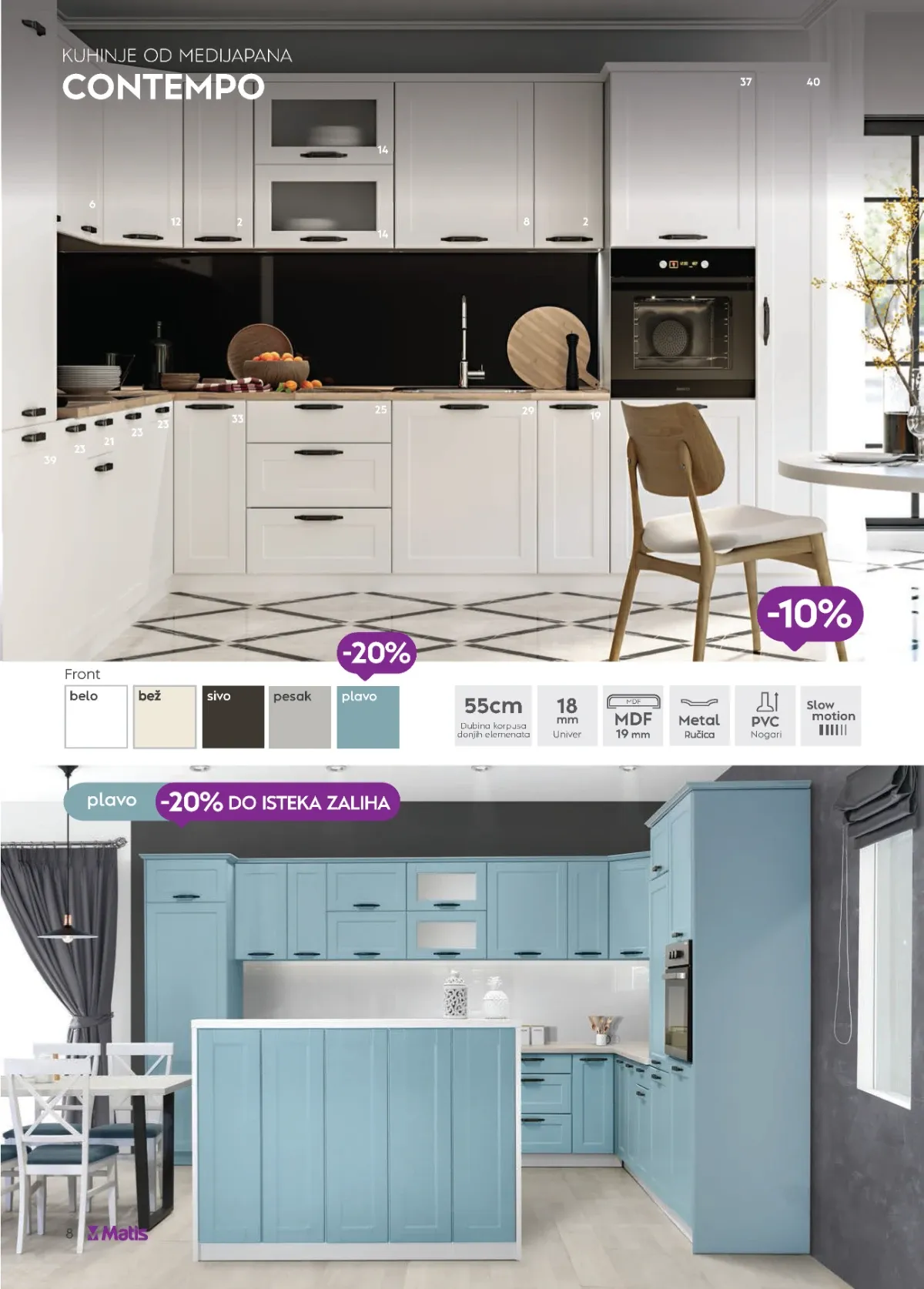 Matis veliki katalog strana 8 predstavlja kuhinju Contempo u više boja uz sniženja do 20% do isteka zaliha.