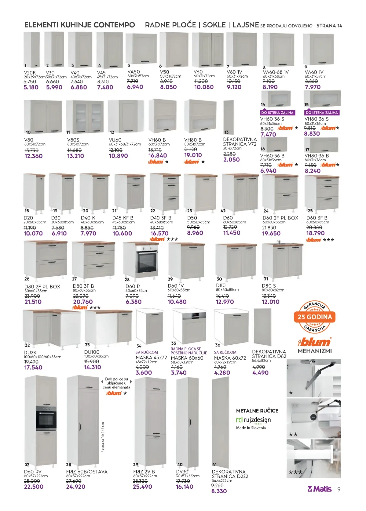 Matis veliki katalog strana 9 donosi elemente kuhinje Contempo sa sniženim cenama, dimenzijama i Blum mehanizmima.