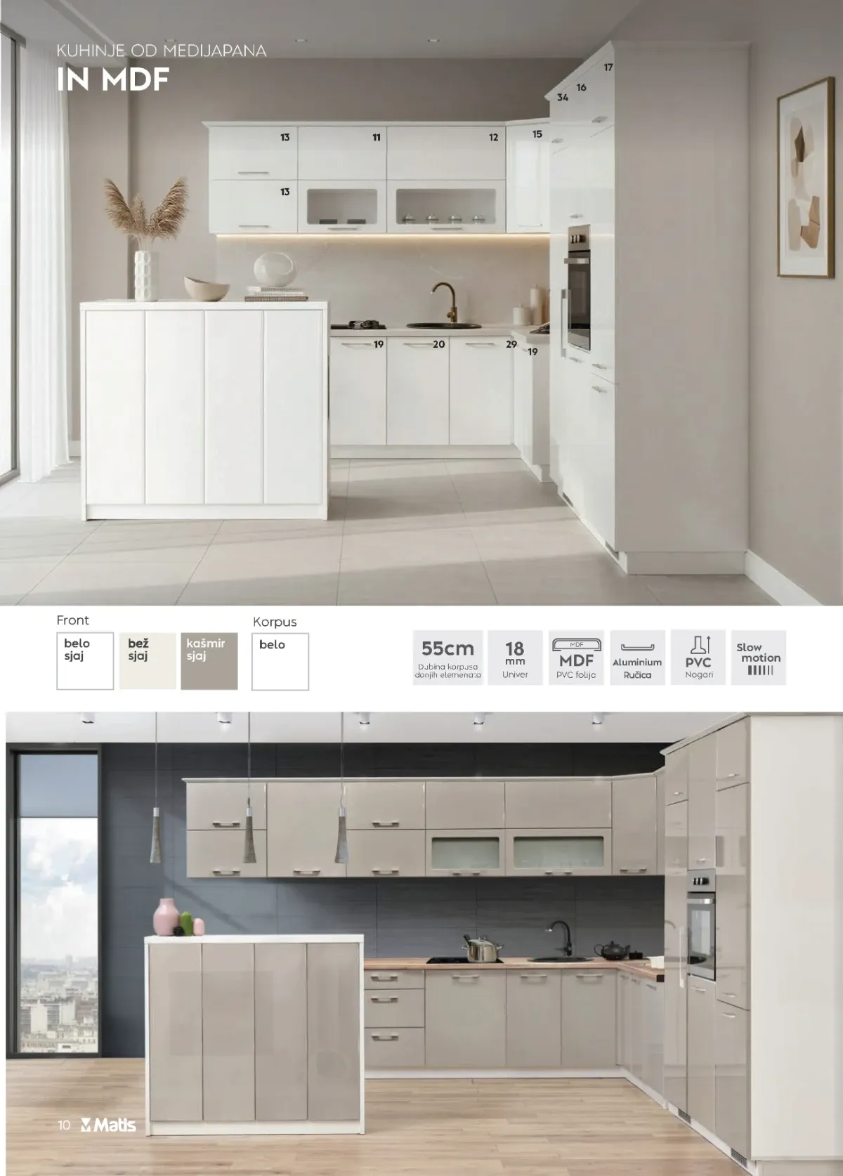 Matis veliki katalog strana 10 predstavlja kuhinju IN MDF u beloj, bež i kašmir sjaj boji sa aluminijumskim ručicama.