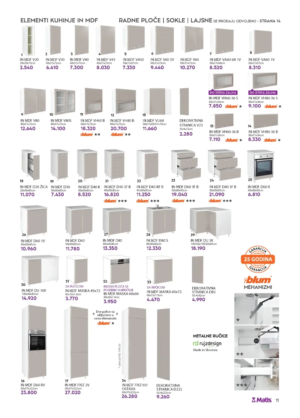 Matis veliki katalog strana 11 donosi elemente kuhinje IN MDF sa cenama, dimenzijama i izborom sjajnih frontova.