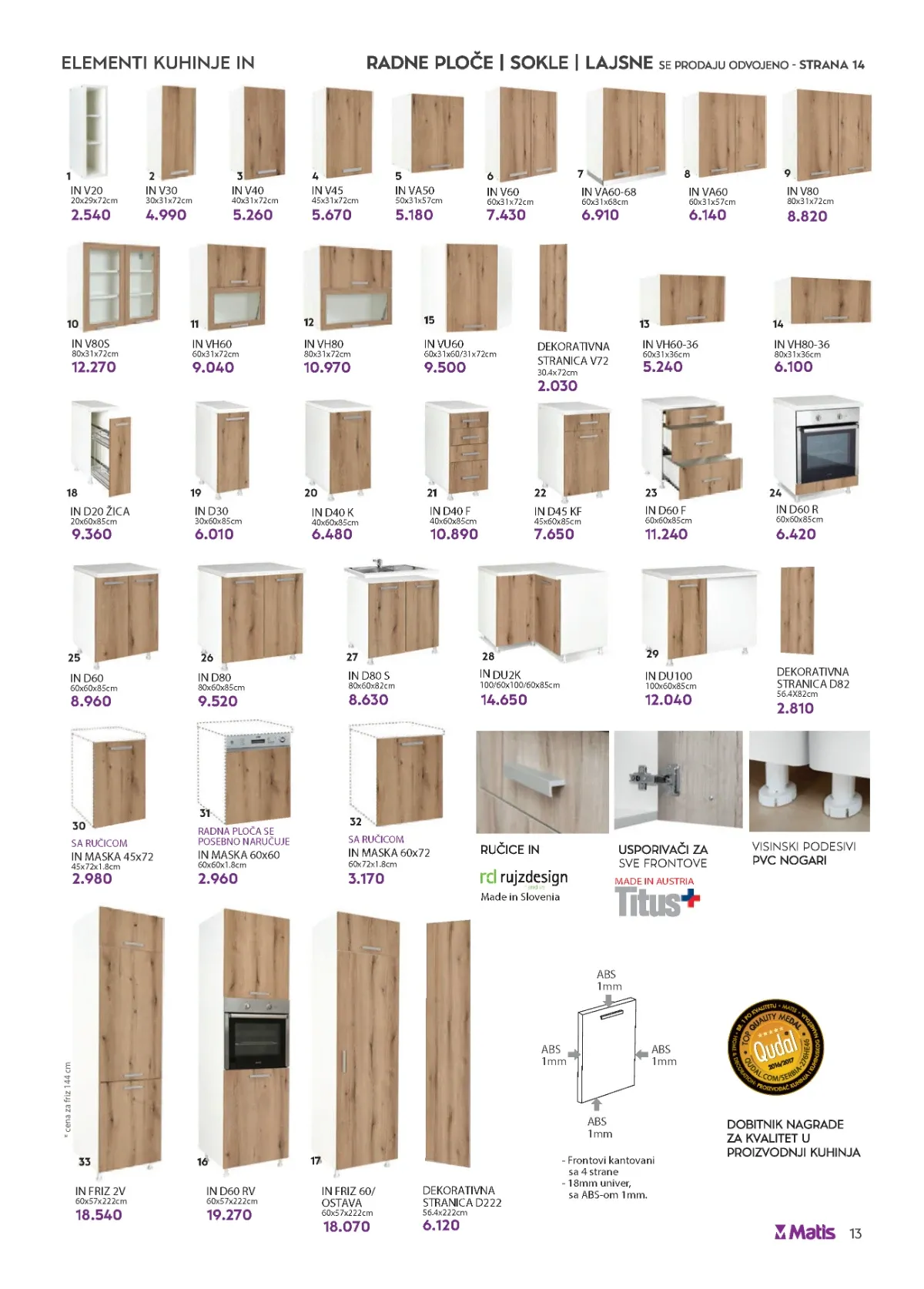 Matis veliki katalog strana 13 donosi elemente kuhinje IN od univera sa cenama, dimenzijama, ručicama i usporivačima.