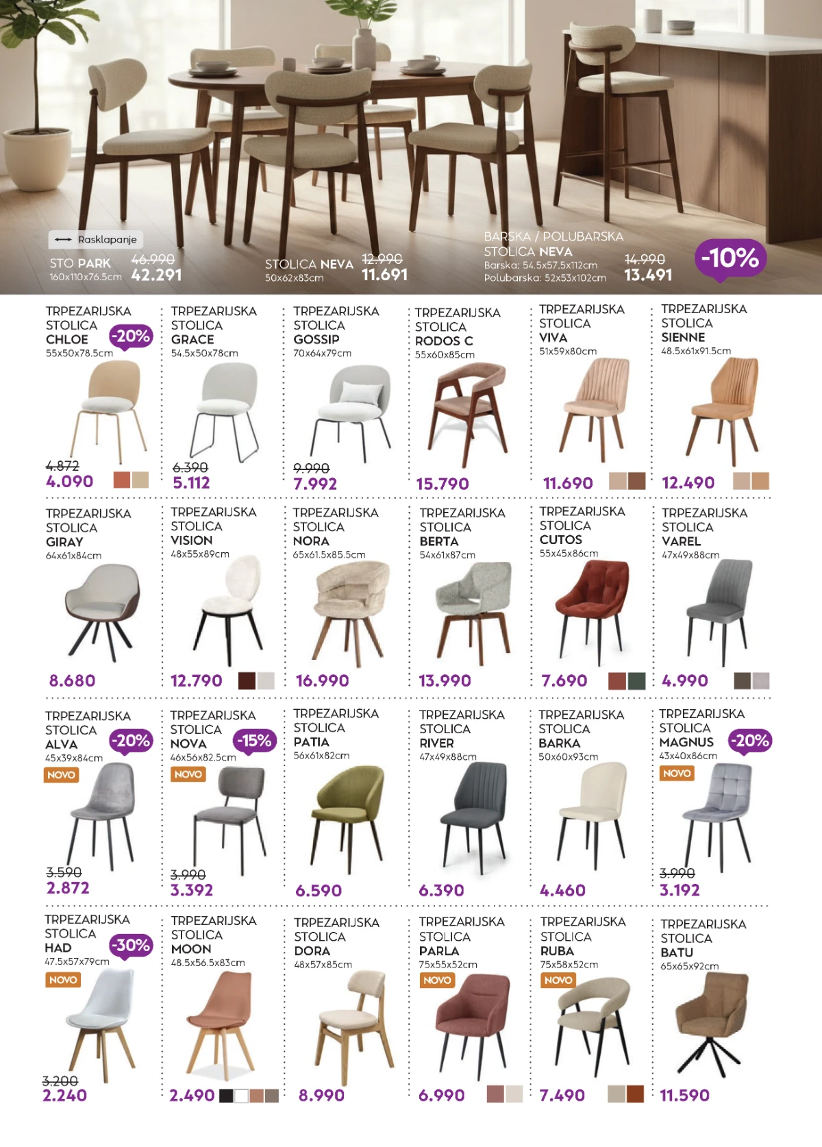 Matis veliki katalog strana 20 donosi veliki izbor trpezarijskih stolica, barskih stolica i stolova uz sniženja do 30%.