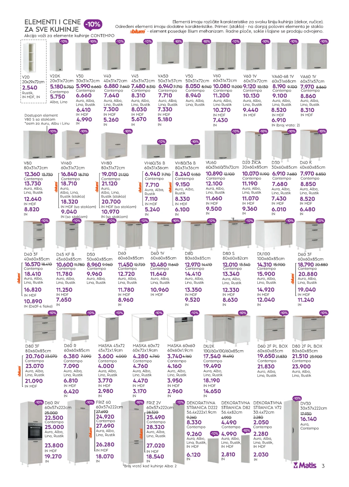 Matis mini katalog strana 3 donosi elemente za kuhinje Contempo, Aura, Alba, Lina i Rustik uz popuste do 10%.