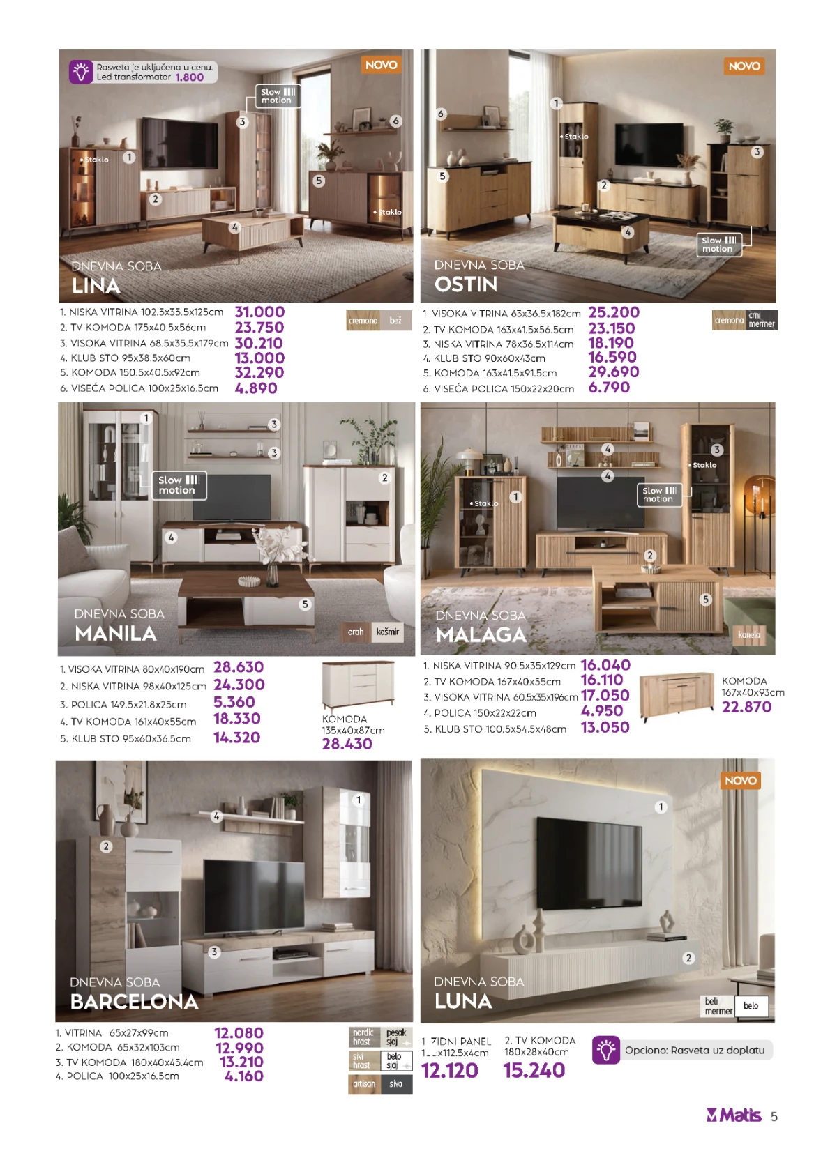 Matis mini katalog strana 5 donosi dnevne sobe Lina, Ostin, Malaga, Manila, Luna i Barcelona.