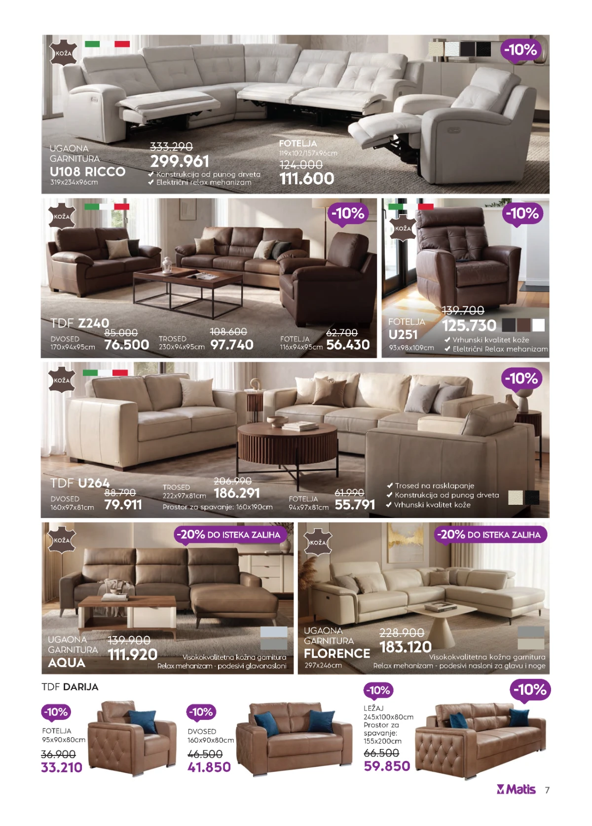 Matis mini katalog strana 7 donosi kožne ugaone garniture, trosede i fotelje uz popuste do 20%.