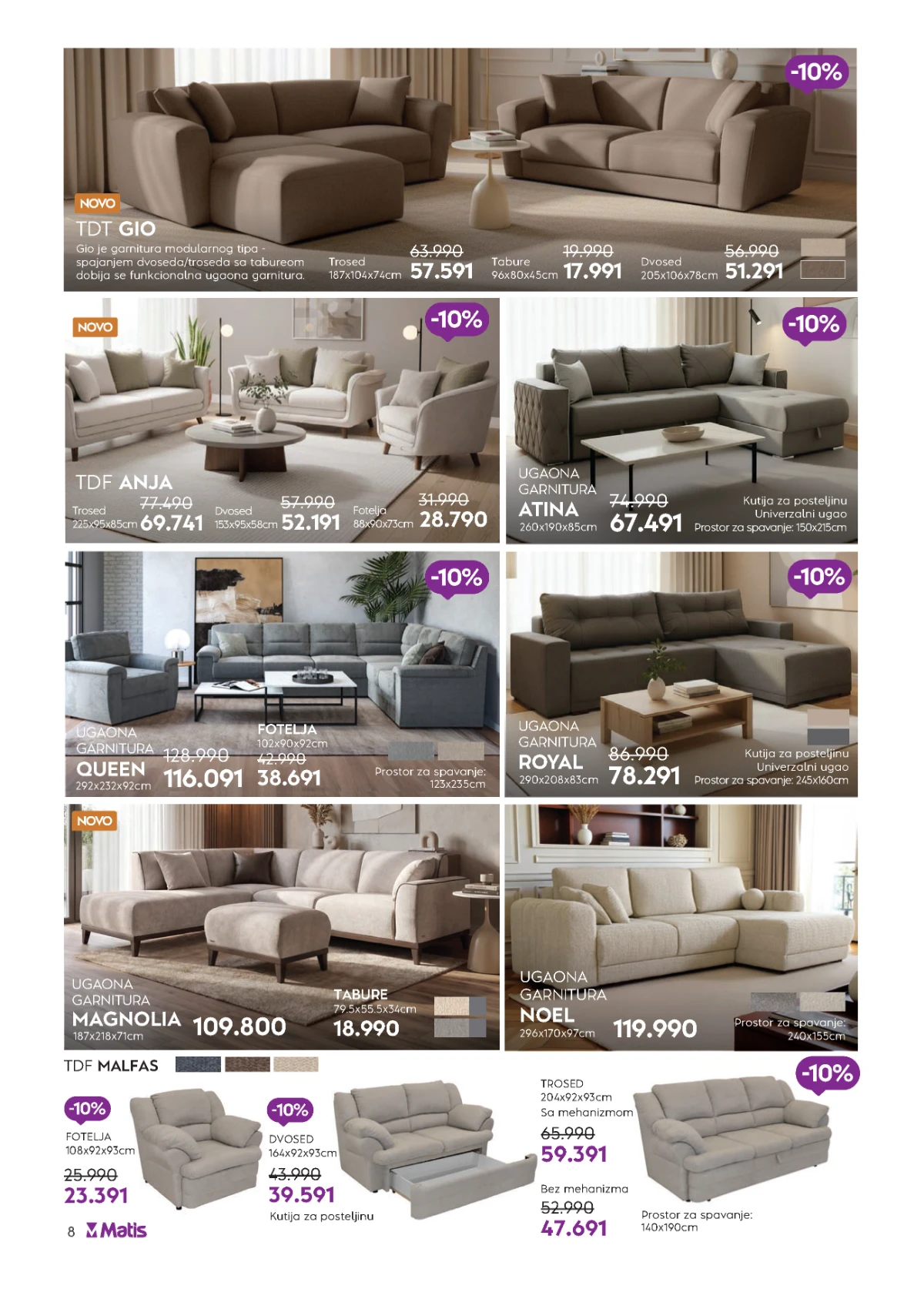 Matis mini katalog strana 8 donosi ugaone garniture Queen, Royal, Magnolia i Noel.
