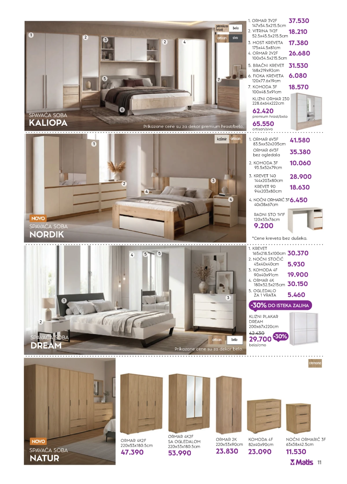Matis mini katalog strana 11 donosi spavaće sobe Kaliopa, Nordik, Dream i Natur.