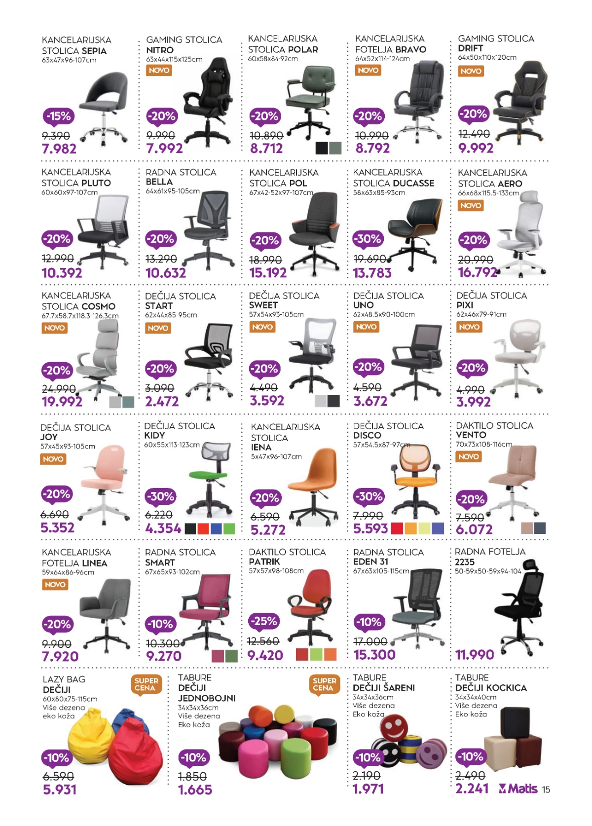 Matis mini katalog strana 15 donosi kancelarijske, gejmerske i dečje stolice uz popuste do 30%.