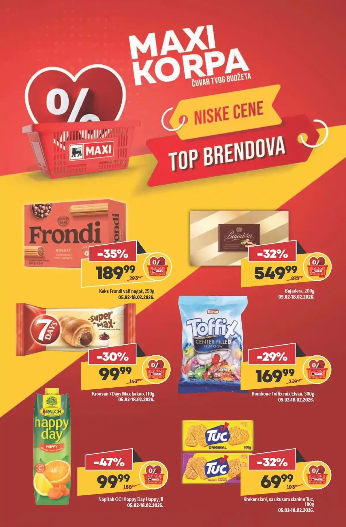 Maxi nedeljna akcija katalog strana 2 popusti Srbija do 18. februara 2026 Maxi nedeljni katalog strana 2 sniženja prehrane i proizvoda za domaćinstvo Srbija februar 2026