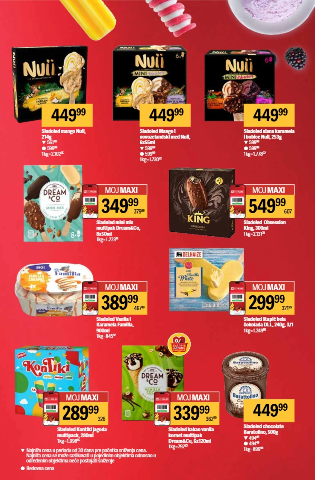 Maxi akcija sladoledi – Nuii 449,99 RSD, King Obsession i Kontiki multipack Maxi katalog 21–27.05.2026 strana 3 – Nuii, King i Kontiki sladoledi po sniženim cenama