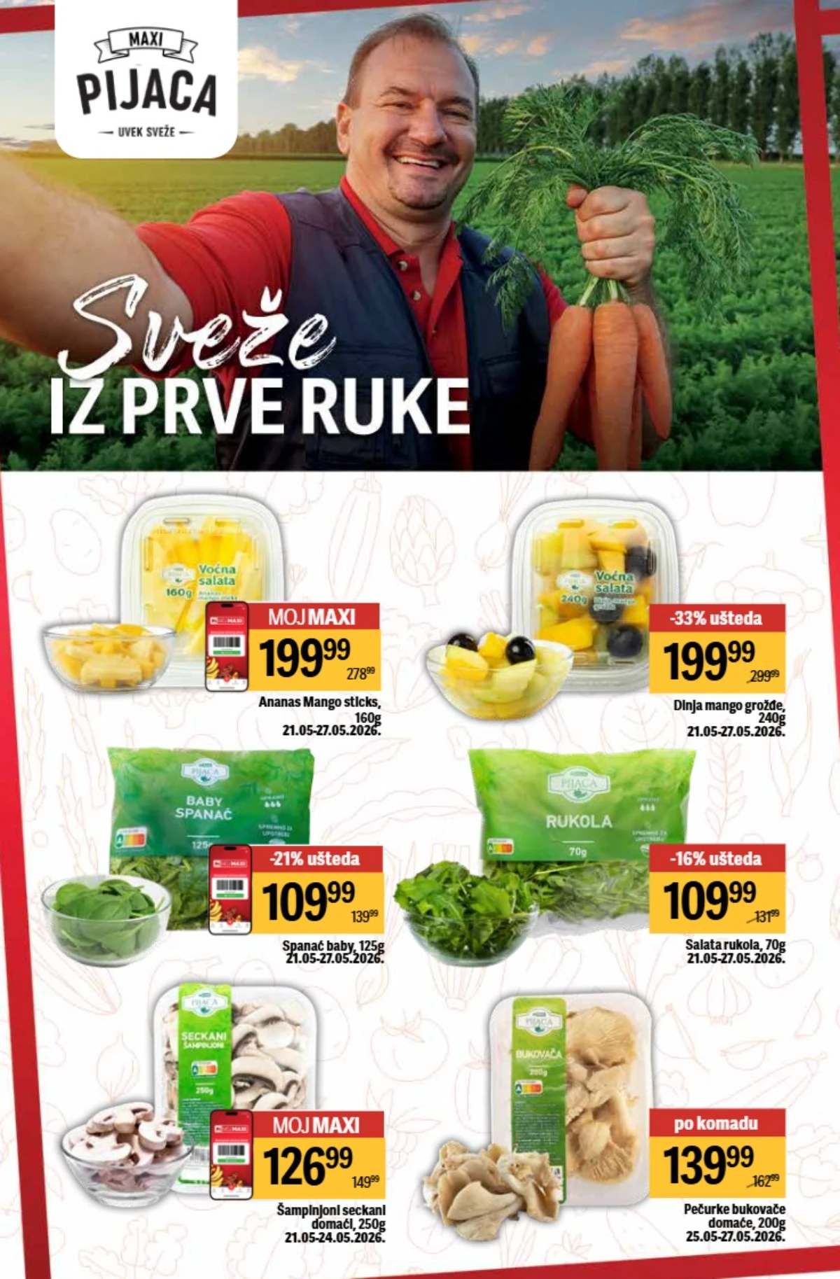 Maxi pijaca akcija – sveže voće i povrće od 109,99 RSD do 27.05.2026 Maxi pijaca katalog 21–27.05.2026 – ananas, spanać i šampinjoni po akcijskim cenama
