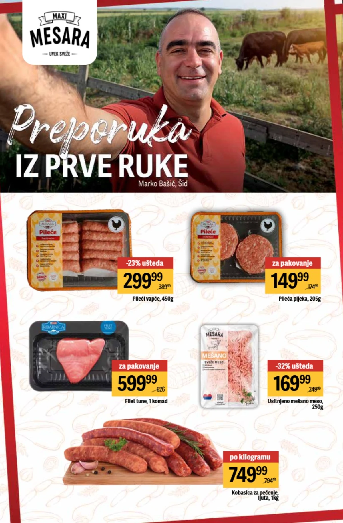 Maxi mesara akcija – pileći ćevapi 299,99 RSD i kobasice po akcijskim cenama Maxi mesara katalog 21–27.05.2026 – pileći ćevapi, tuna i kobasice na akciji