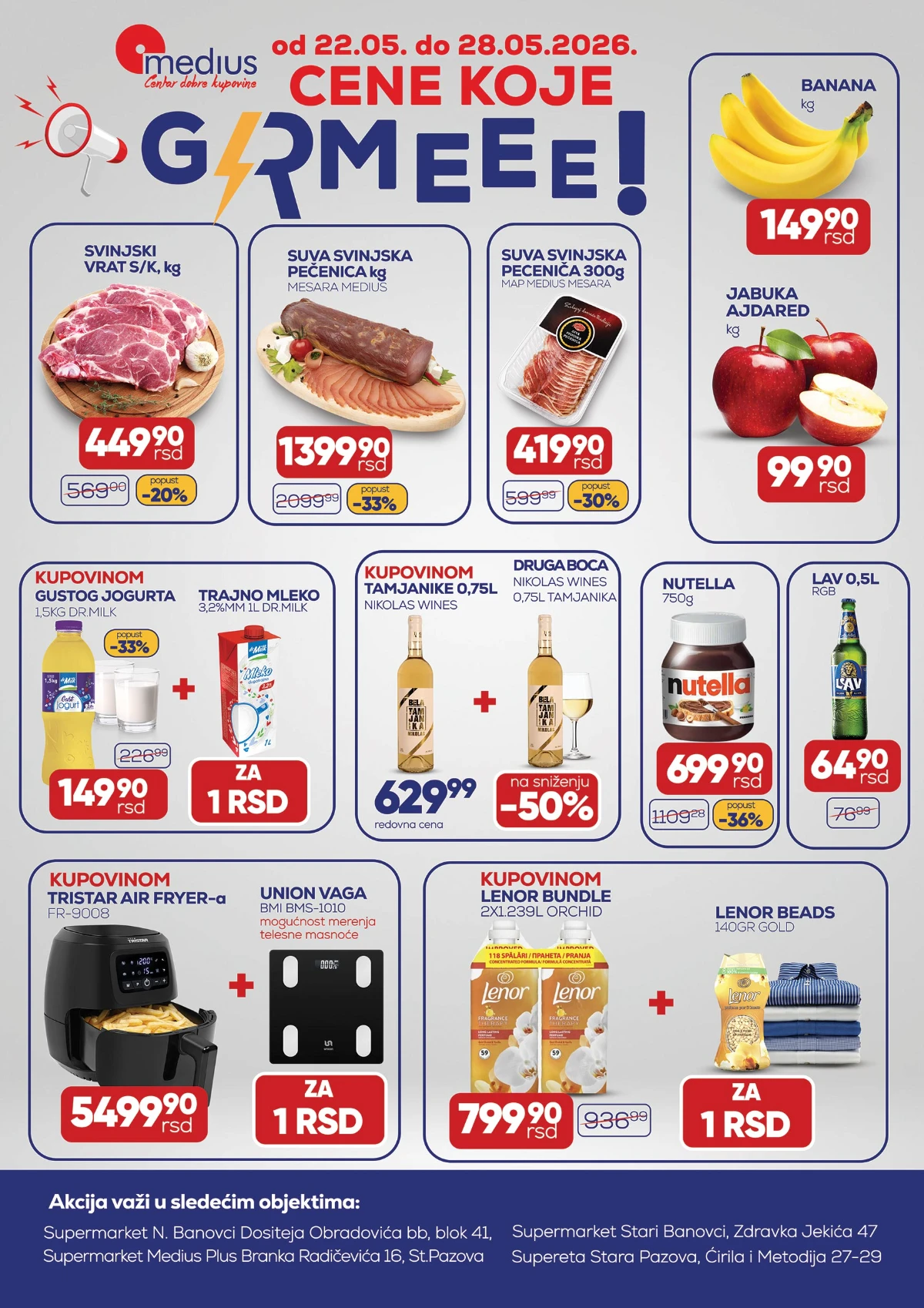 Medius akcija 22–28.05.2026 – svinjski vrat, Nutella, banane i jabuke na sniženju