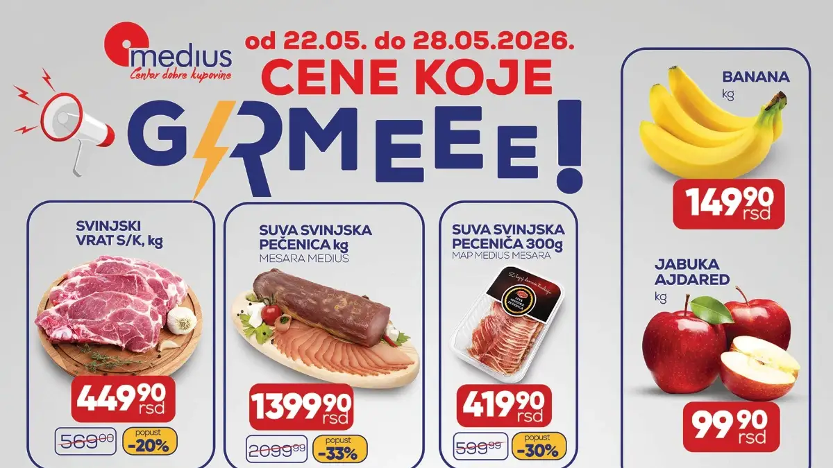 Medius akcija 22–28.05.2026 – svinjski vrat, Nutella, banane i jabuke na sniženju