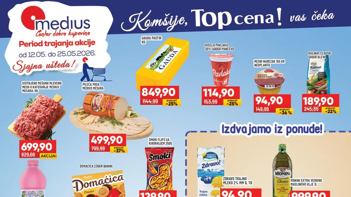 Medius TOP cena akcija – meso, mlečni proizvodi i hemija po akcijskim cenama do 25.05.2026 Medius TOP cena katalog 12–25.05.2026 – mleveno meso, gauda, Pepsi i kućna hemija na akciji