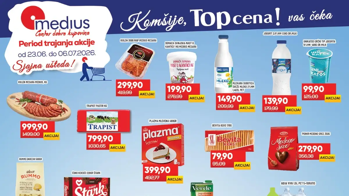 Medius akcija do 52% popusta – Top cena ponuda sa prehranom, pićem, kućnom hemijom i proizvodima za domaćinstvo do 06.07.2026