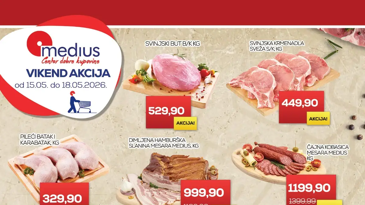 Medius vikend akcija – svinjski but, pileći batak i Quattro Plazma po akcijskim cenama do 18.05.2026 Medius vikend akcija 15–18.05.2026 – svinjski but 529,90 din, pileći batak 329,90 din i Quattro Plazma 479,90 din