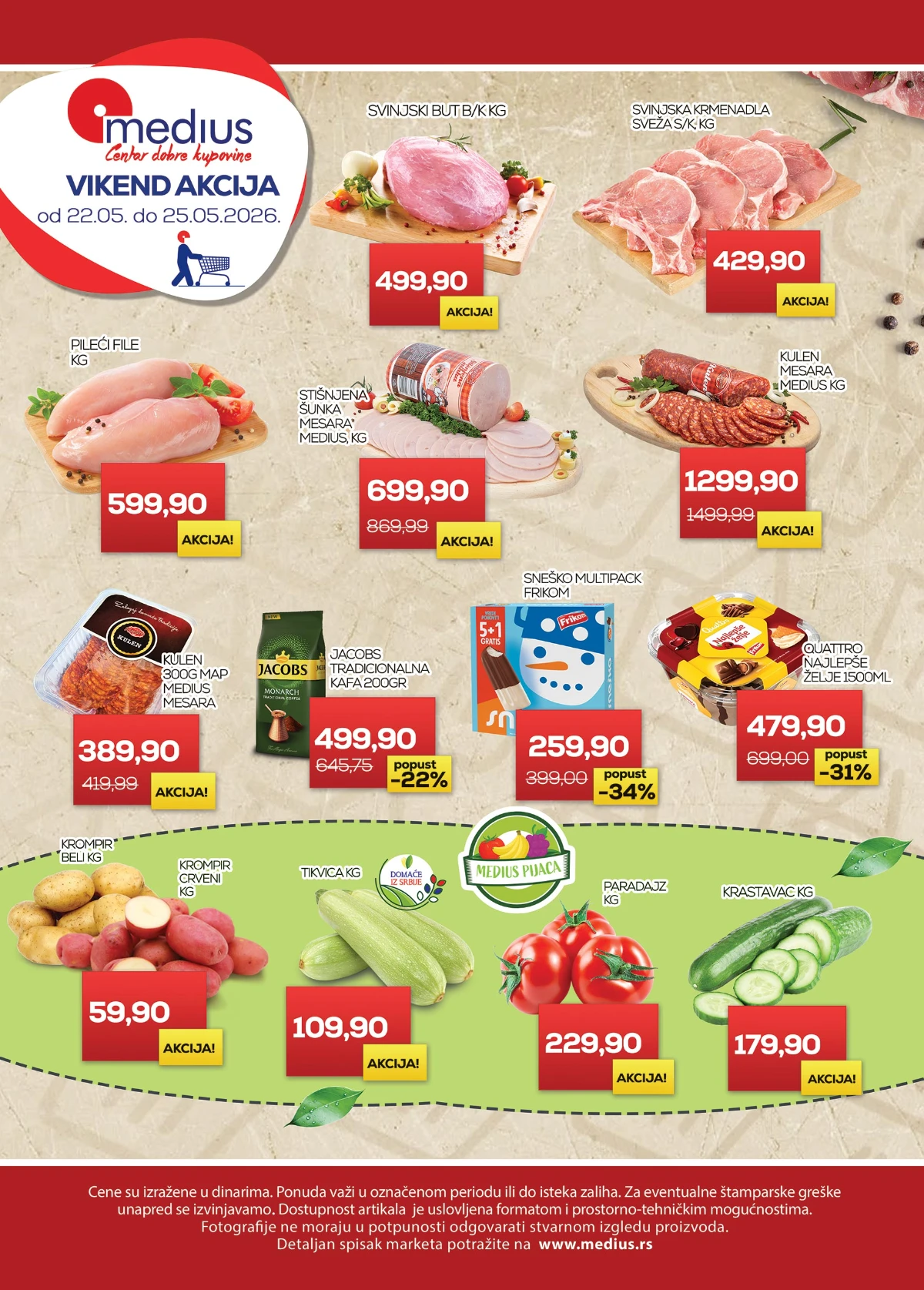 Medius vikend akcija 15–18.05.2026 – svinjski but 529,90 din, pileći batak 329,90 din i Quattro Plazma 479,90 din