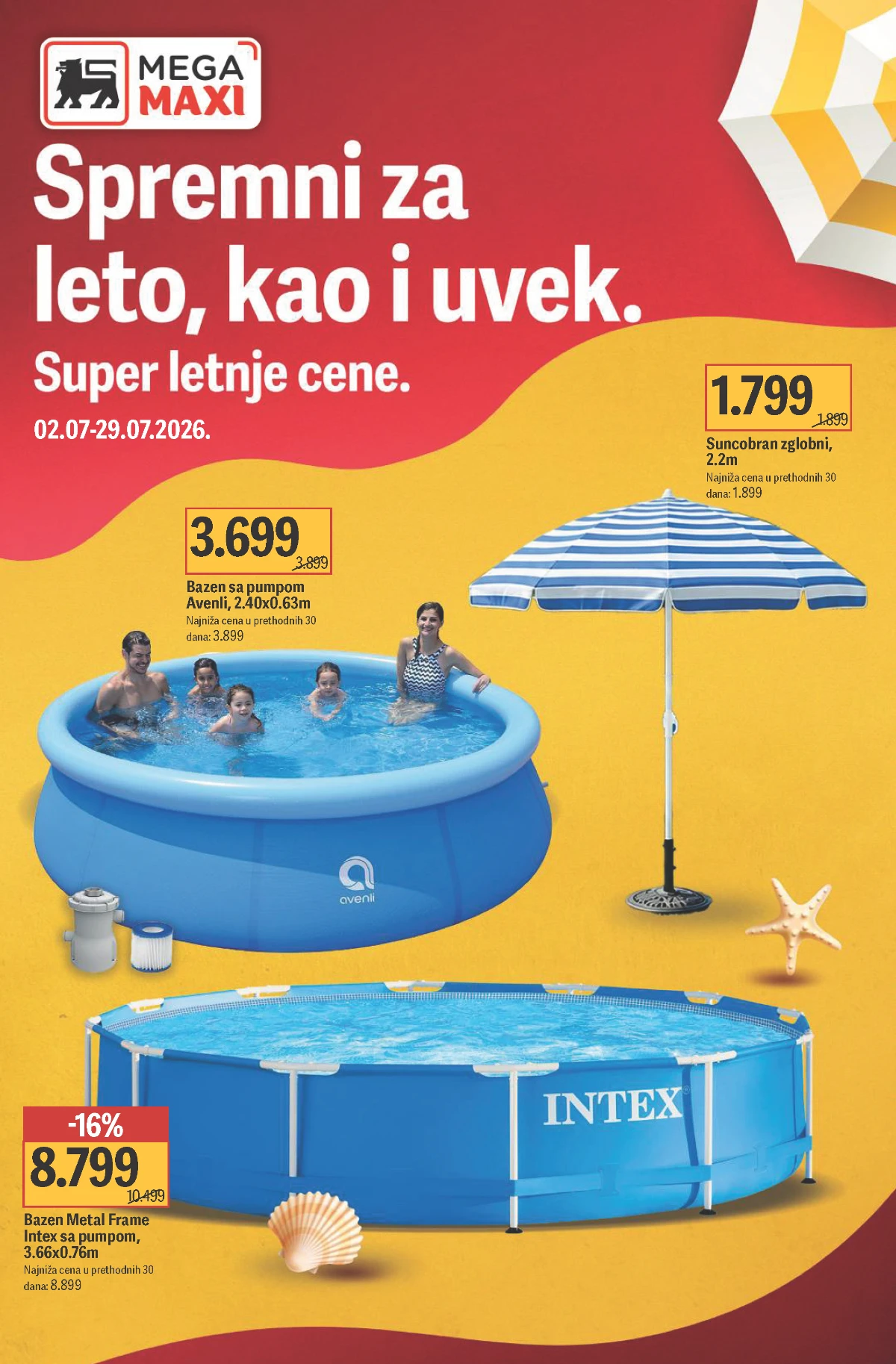 Mega Maxi letnja akcija do 27% popusta – super letnje cene za bazene, suncobrane i opremu do 29.07.2026.