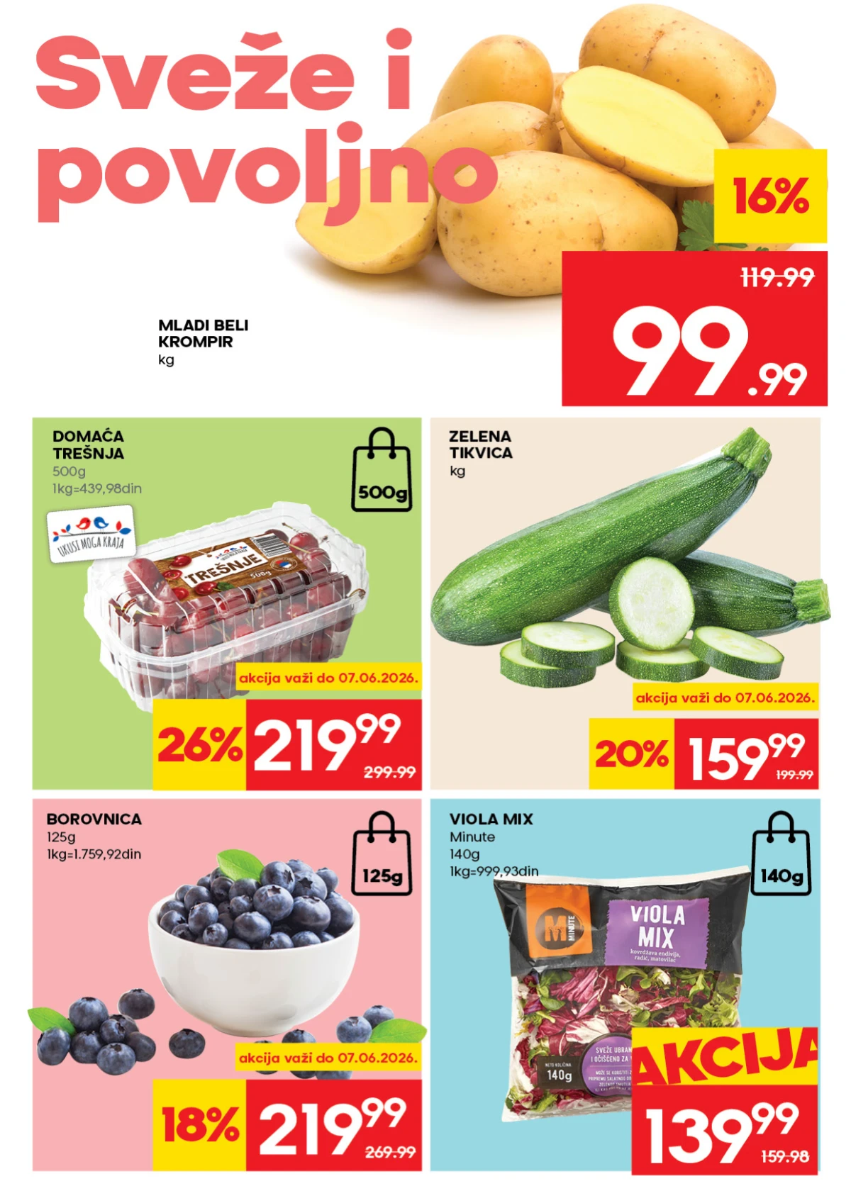 Mercator katalog strana 2 – mladi krompir, trešnje, tikvice i borovnice na akciji
