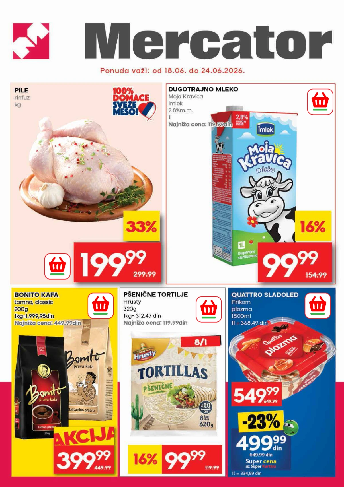 Mercator akcija do 33% popusta od 18.06. do 24.06.2026 – meso, mlečni proizvodi, kafa i prehrana na sniženju