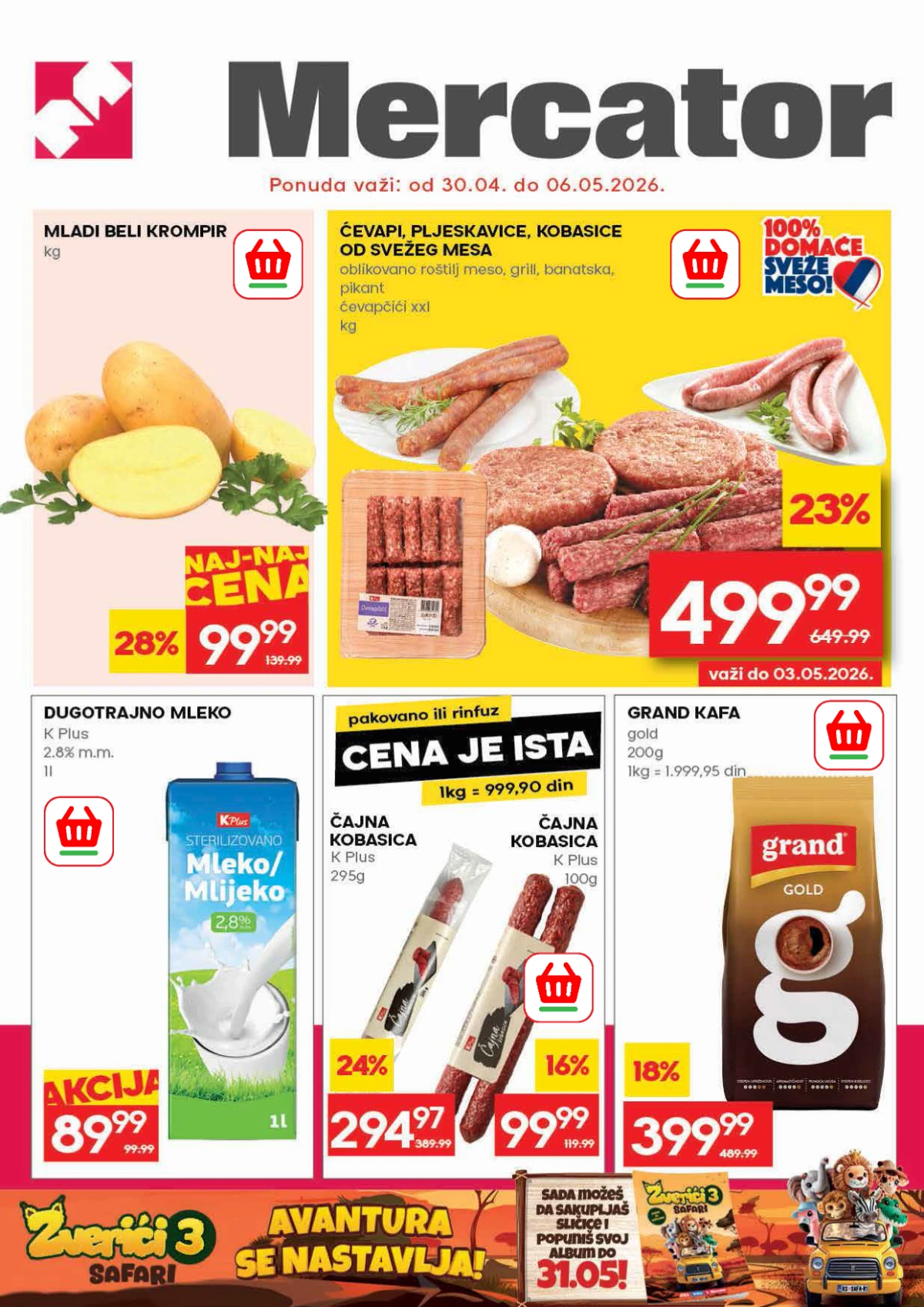 Mercator akcija – roštilj meso 499,99 RSD, mleko 89,99 RSD, kafa i povrće na sniženju do 06.05.2026