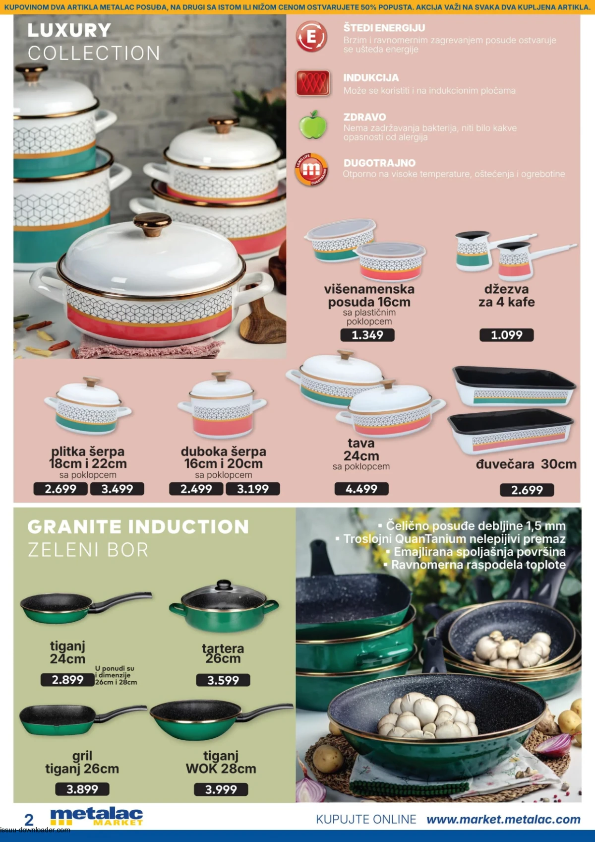 Metalac Market katalog avgust 2026 strana 2 – Metalac Luxury Collection, Granite Induction i emajlirano posuđe na akciji.