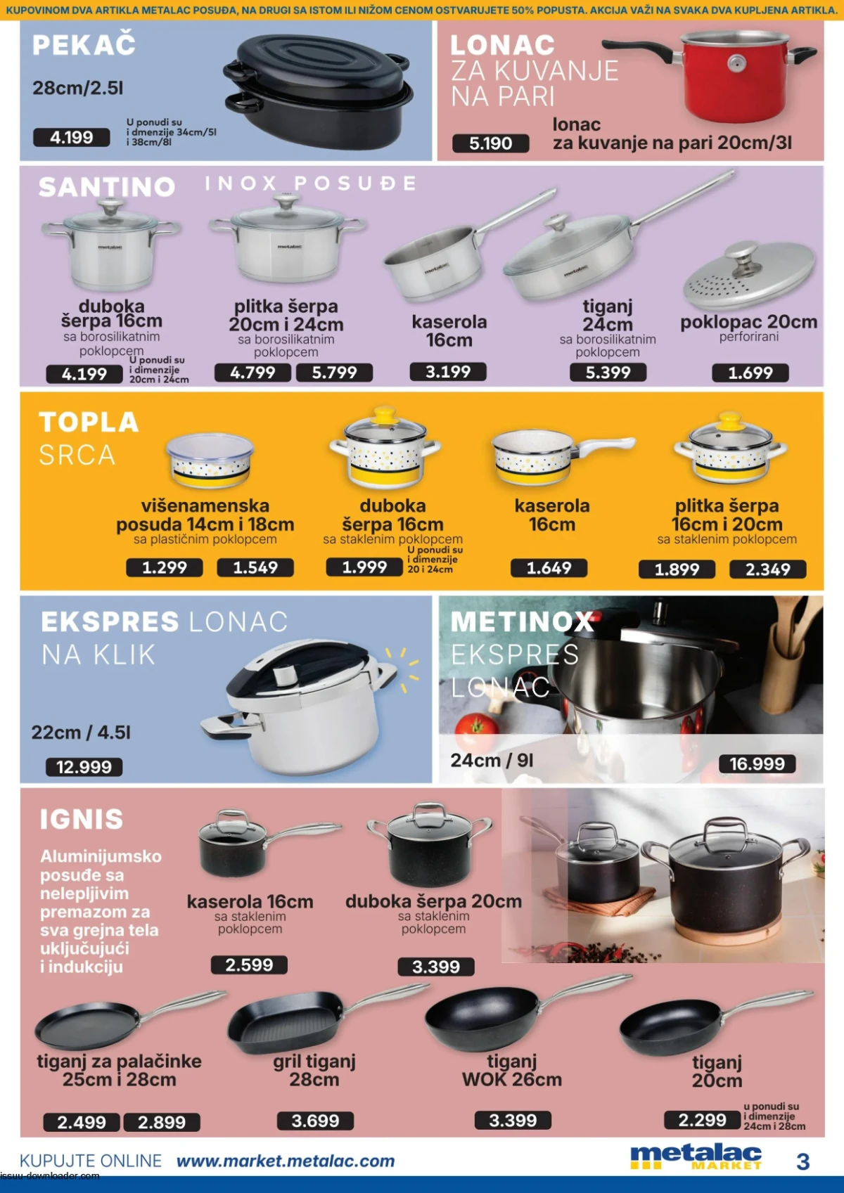 Metalac Market katalog avgust 2026 strana 3 – inox posuđe, ekspres lonci i Ignis tiganji.