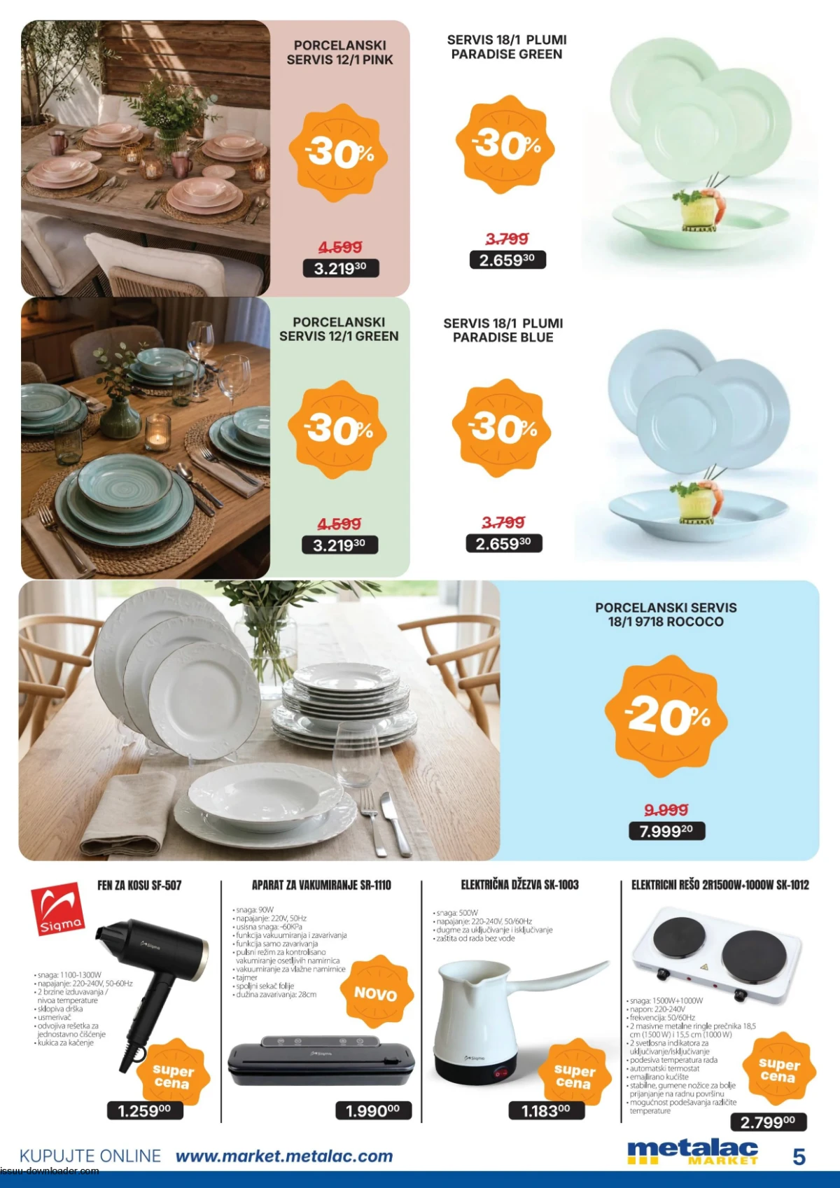 Metalac Market katalog avgust 2026 strana 5 – porcelanski servisi i mali kućni aparati.