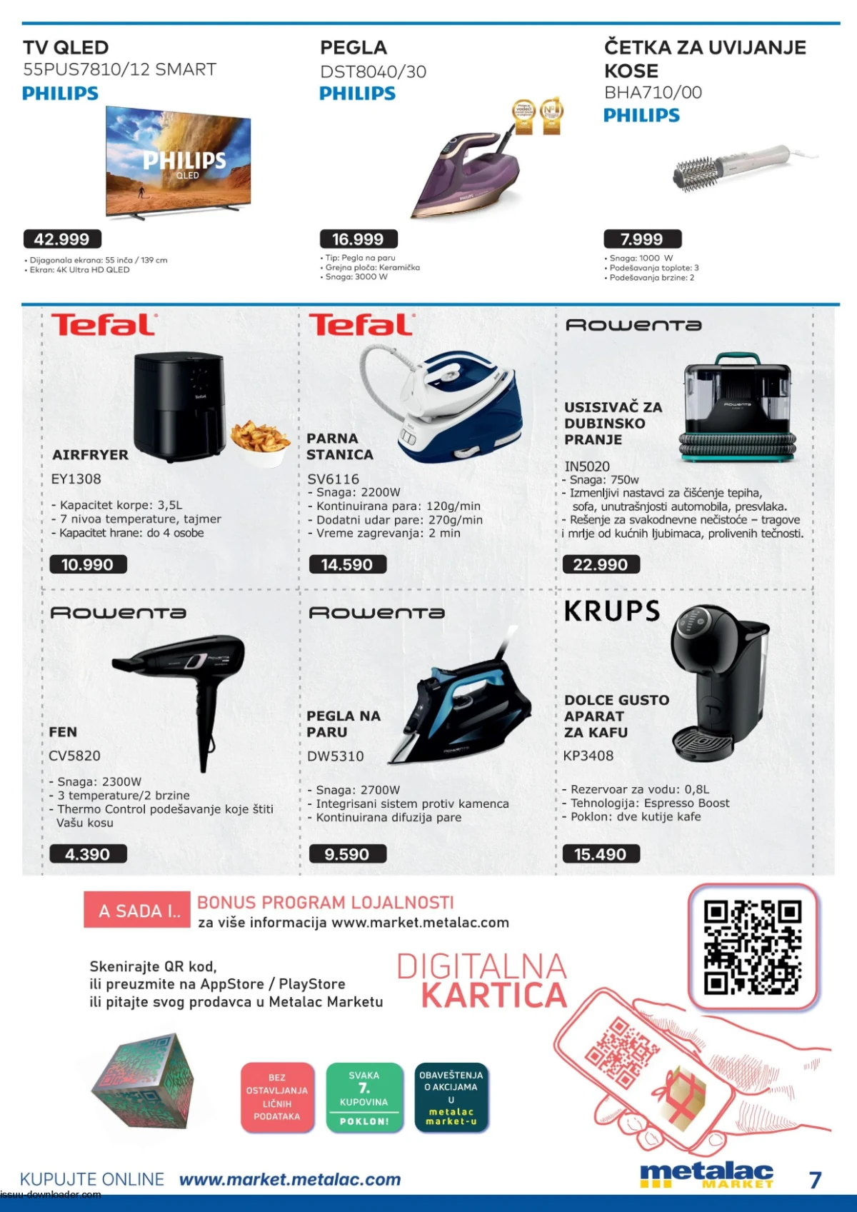 Metalac Market katalog avgust 2026 strana 7 – Philips, Tefal, Rowenta i Krups kućni aparati na akciji.