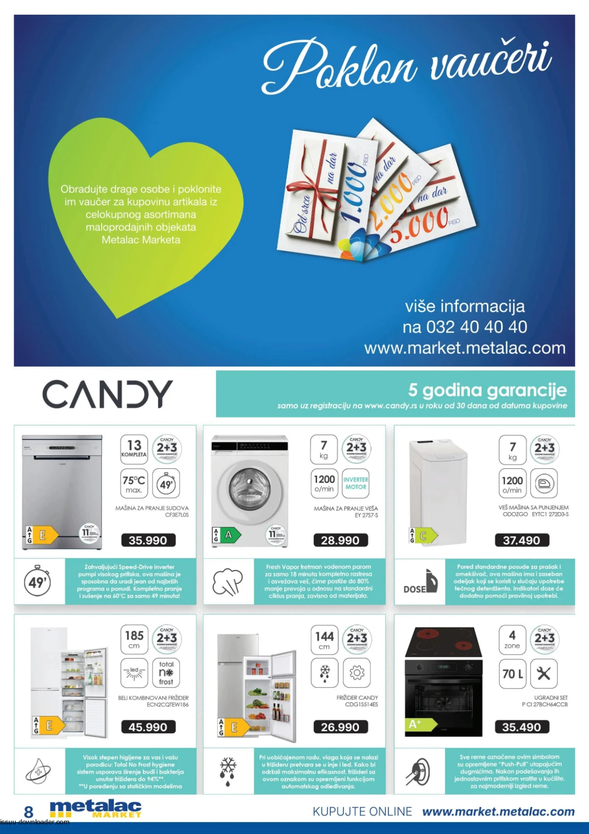 Metalac Market katalog avgust 2026 strana 8 – Candy bela tehnika i poklon vaučeri.