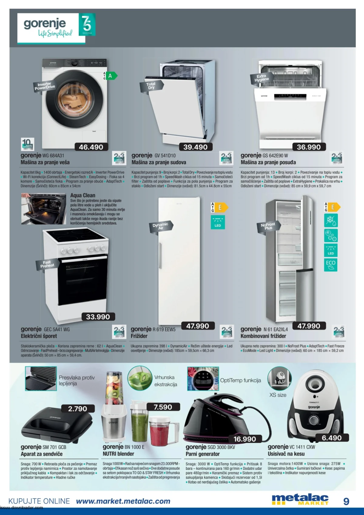 Metalac Market katalog avgust 2026 strana 9 – Gorenje bela tehnika i mali kućni aparati na akciji.