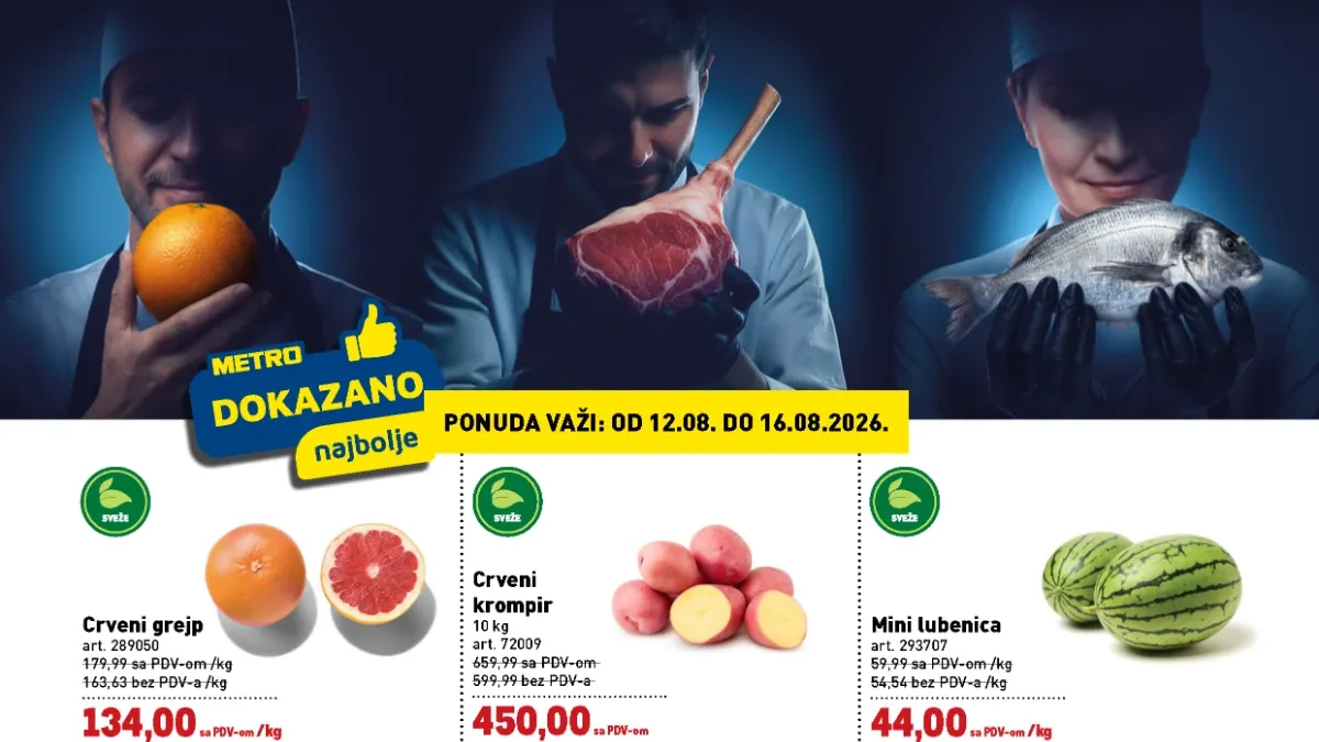 METRO akcija do 16.08.2026. – svježe voće i povrće, svinjsko meso, losos, orada i tuna po akcijskim cijenama