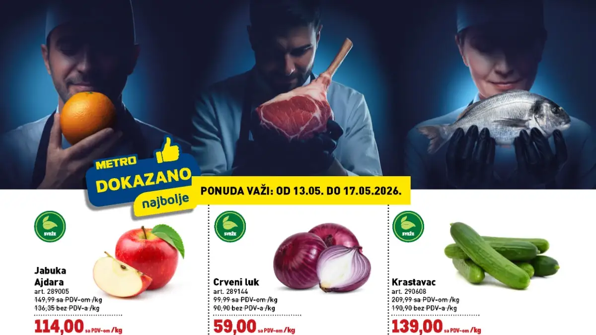 METRO Dokazano najbolje katalog 13.05–17.05.2026 jabuka Ajdara 114 RSD crveni luk 59 RSD i pileći batak 353 RSD