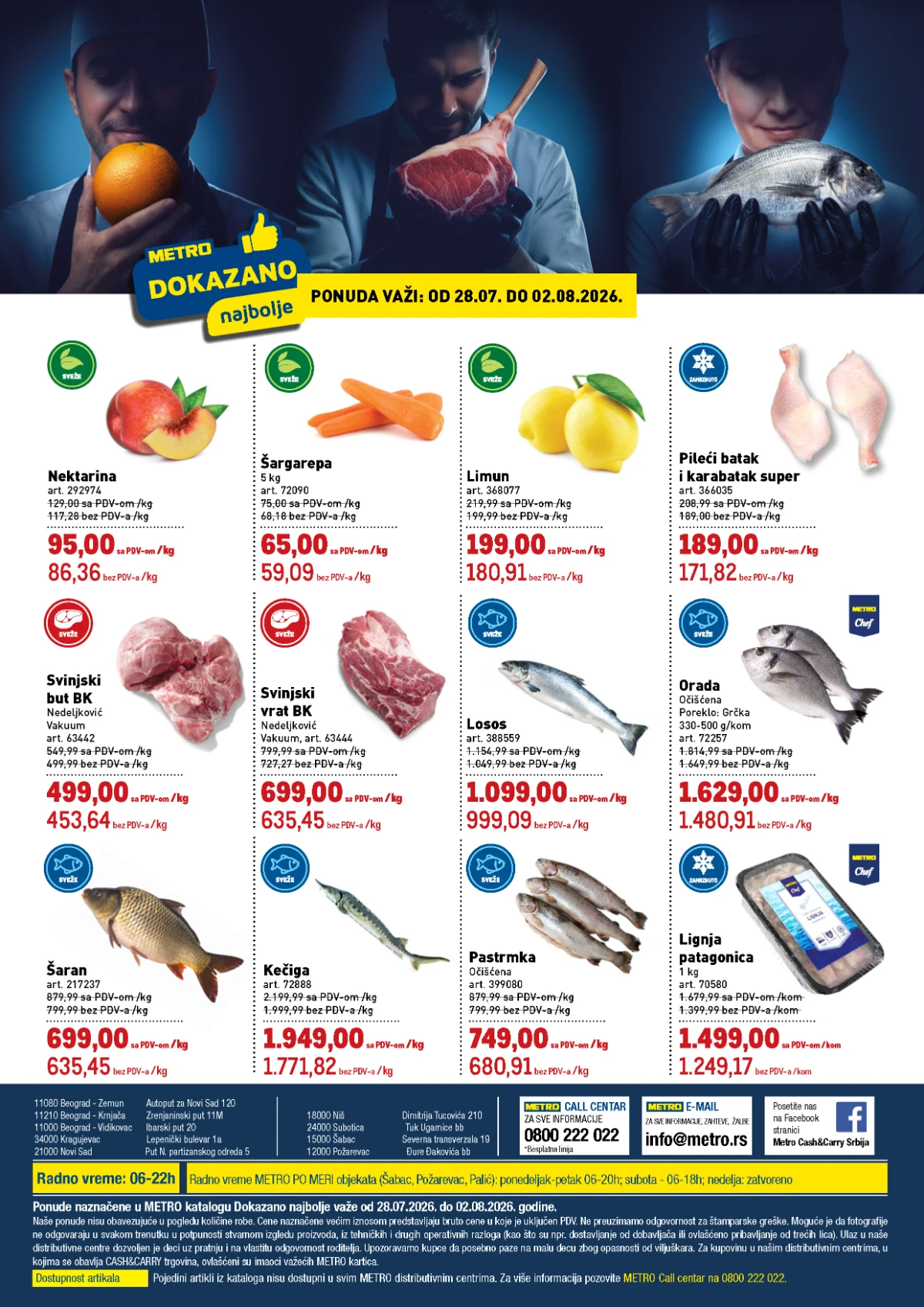 METRO akcija do 02.08.2026. donosi popuste do 54% na voće, povrće, meso, ribu i zamrznuti program.