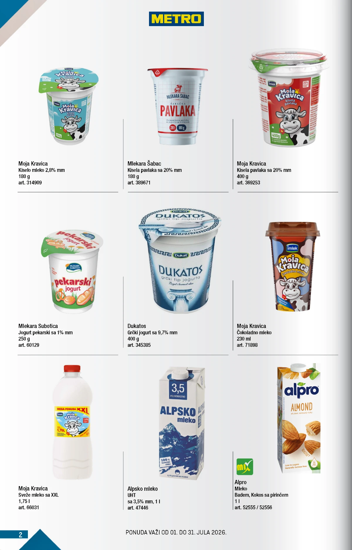 METRO katalog jul 2026 – mlečni proizvodi, jogurti, mleko i pavlake